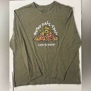 Life Is Good Long Sleeve Crusher T-Shirt Happy Fall Yall Green Leaves Dog Men XL
